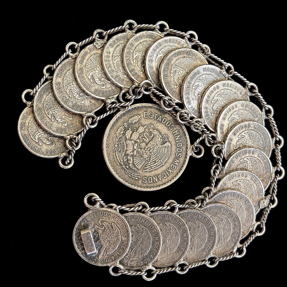 Vintage Mexican Coin Bracelet 1951 Coins Made in Mexico 52.8g Statement